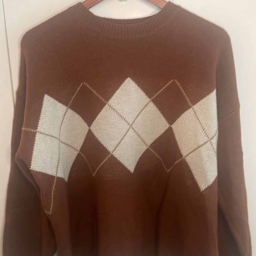 Orange/Brown and Cream Knit Crew Neck Sweater with Argyle Print